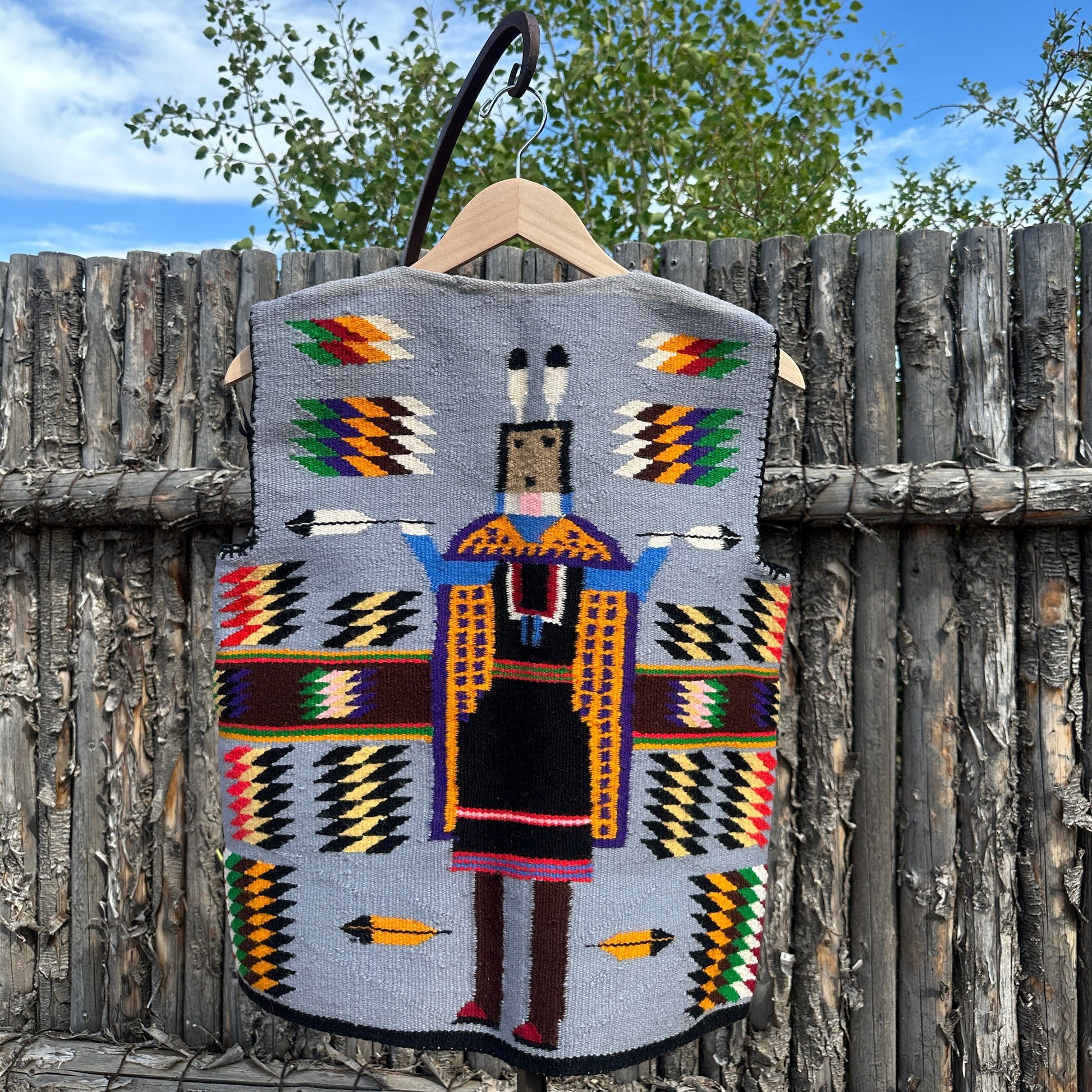 Vintage Navajo Pictorial Vest of Yei Figure Woven Wool - Turquoise & Tufa