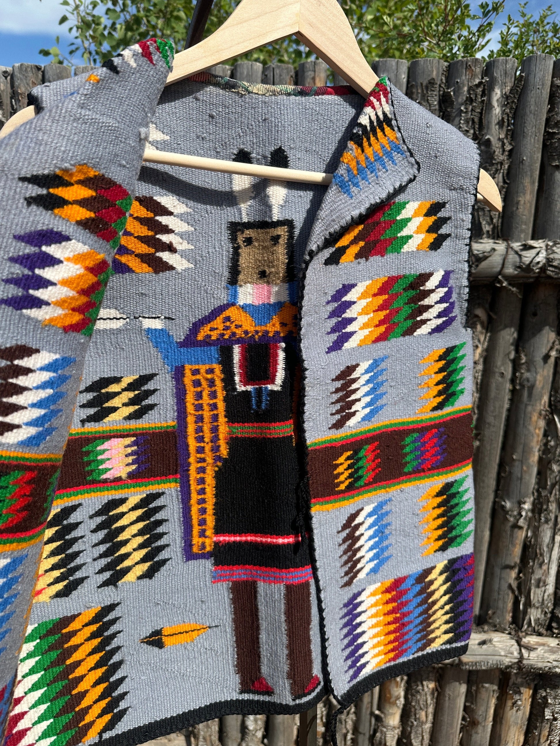 Vintage Navajo Pictorial Vest of Yei Figure Woven Wool - Turquoise & Tufa