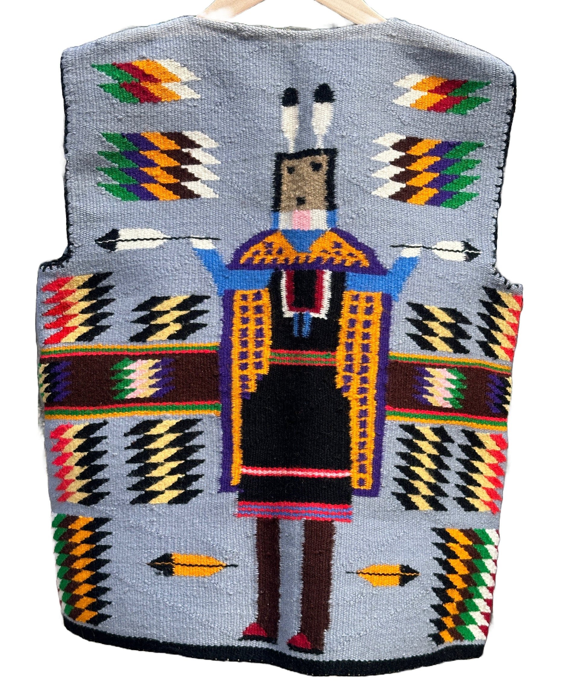 Vintage Navajo Pictorial Vest of Yei Figure Woven Wool - Turquoise & Tufa