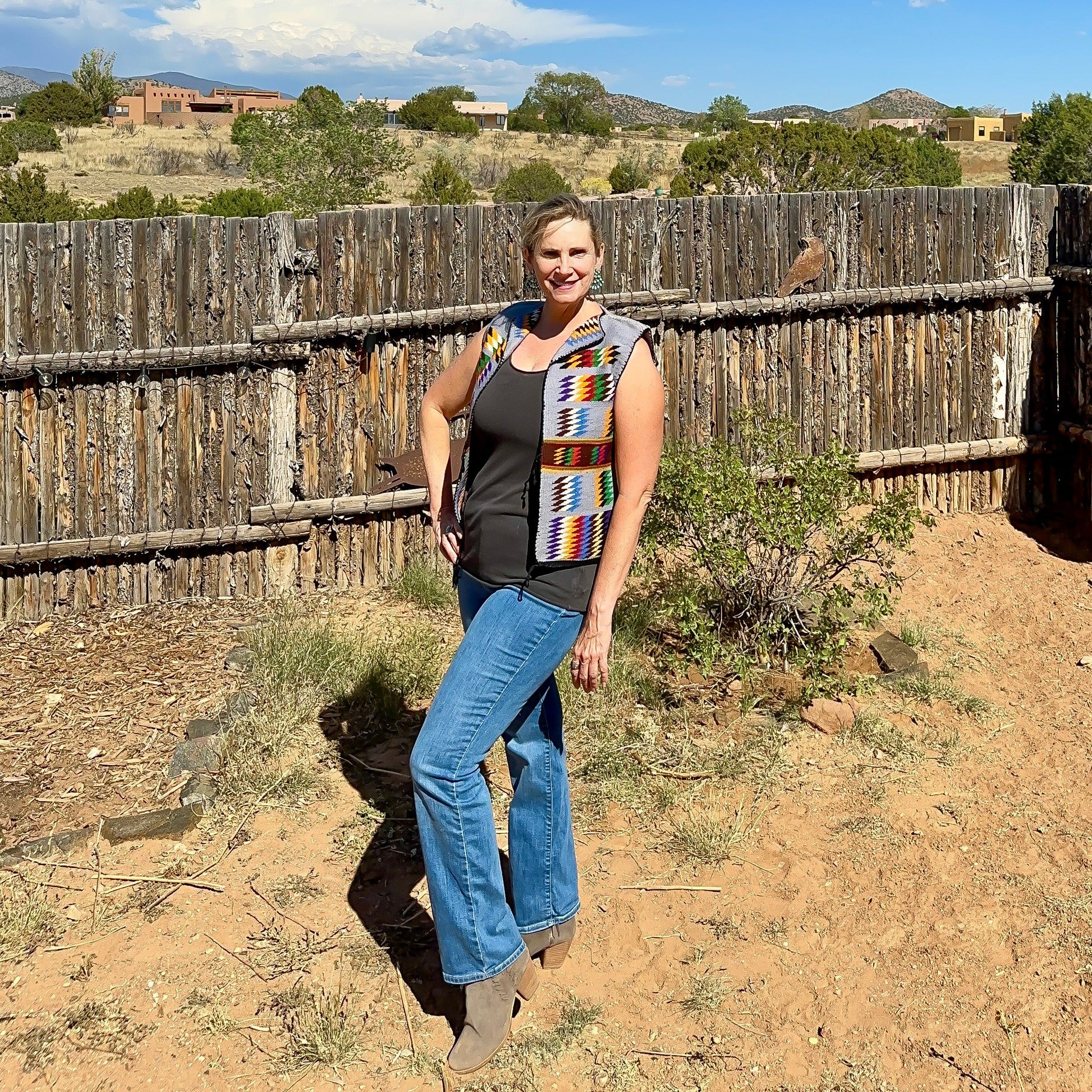 Vintage Navajo Pictorial Vest of Yei Figure Woven Wool - Turquoise & Tufa