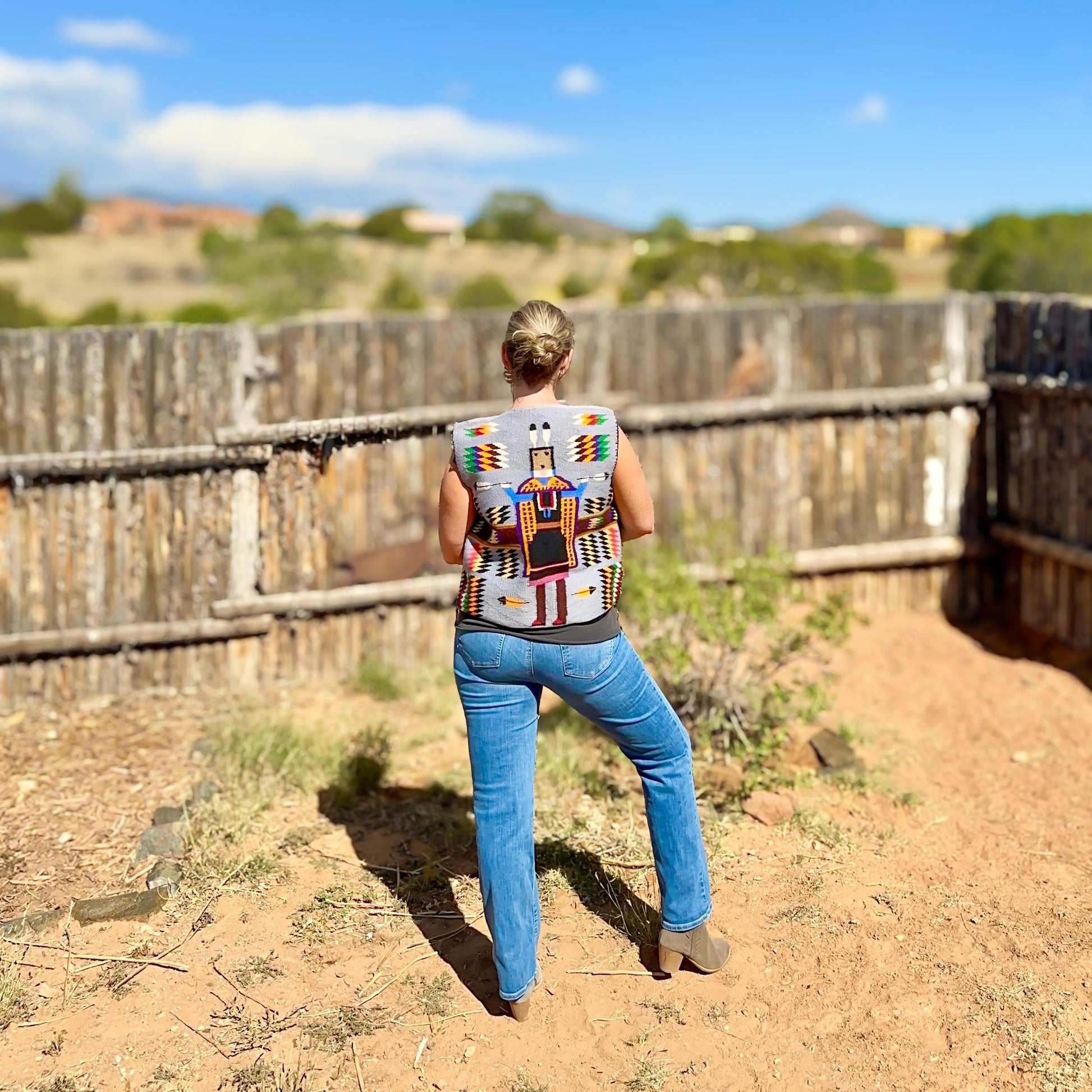 Vintage Navajo Pictorial Vest of Yei Figure Woven Wool - Turquoise & Tufa