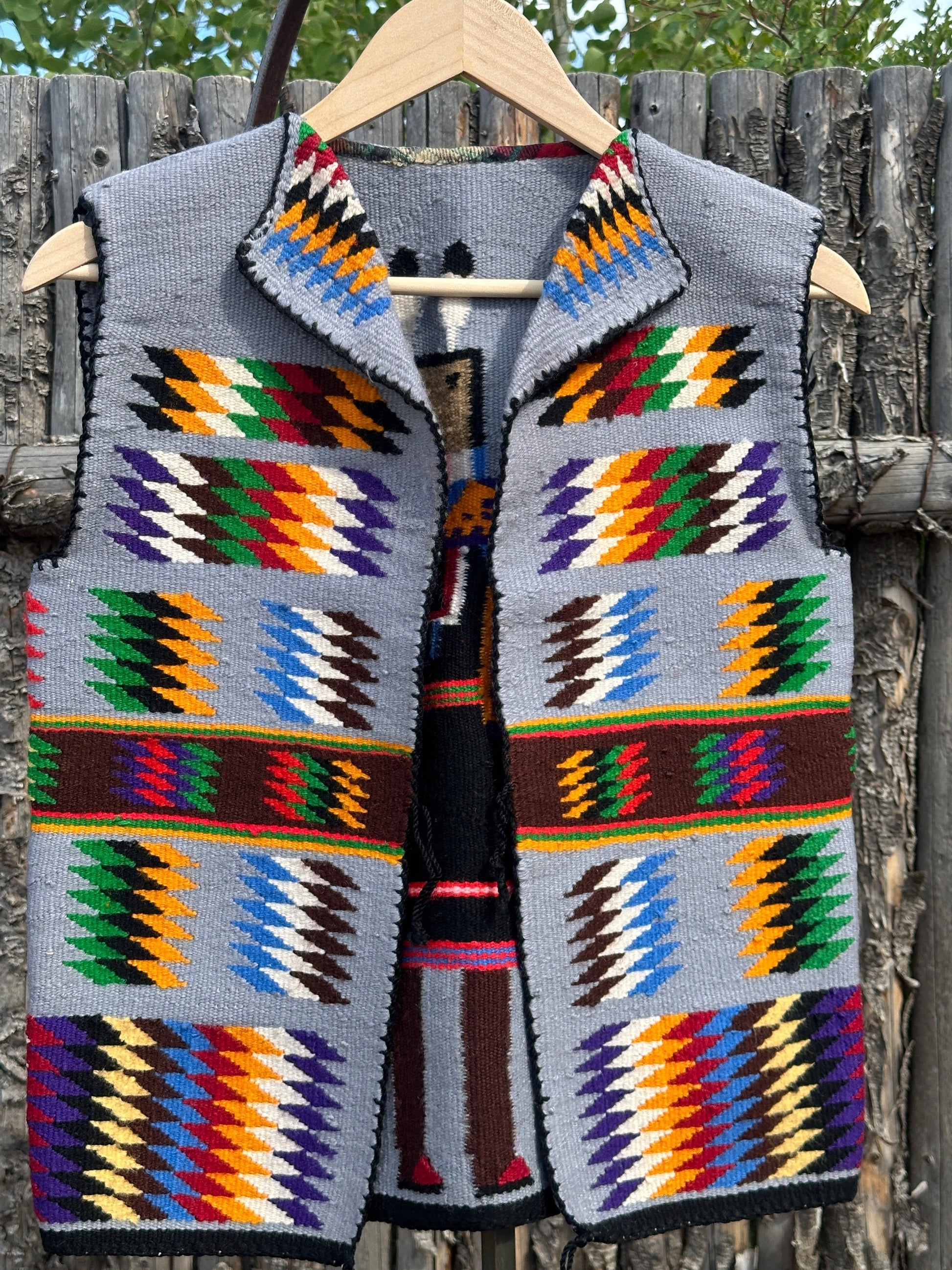 Vintage Navajo Pictorial Vest of Yei Figure Woven Wool - Turquoise & Tufa