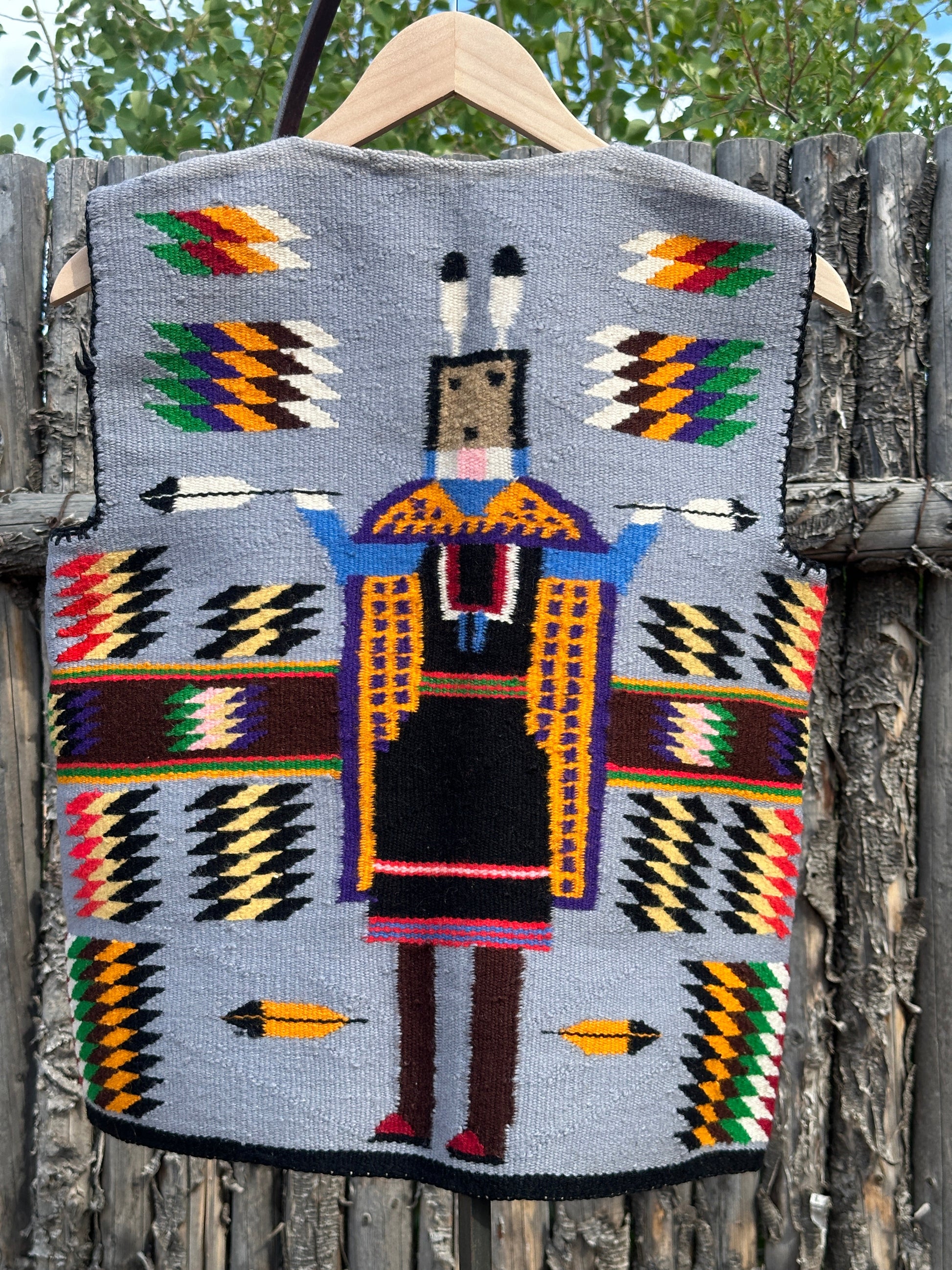 Vintage Navajo Pictorial Vest of Yei Figure Woven Wool - Turquoise & Tufa