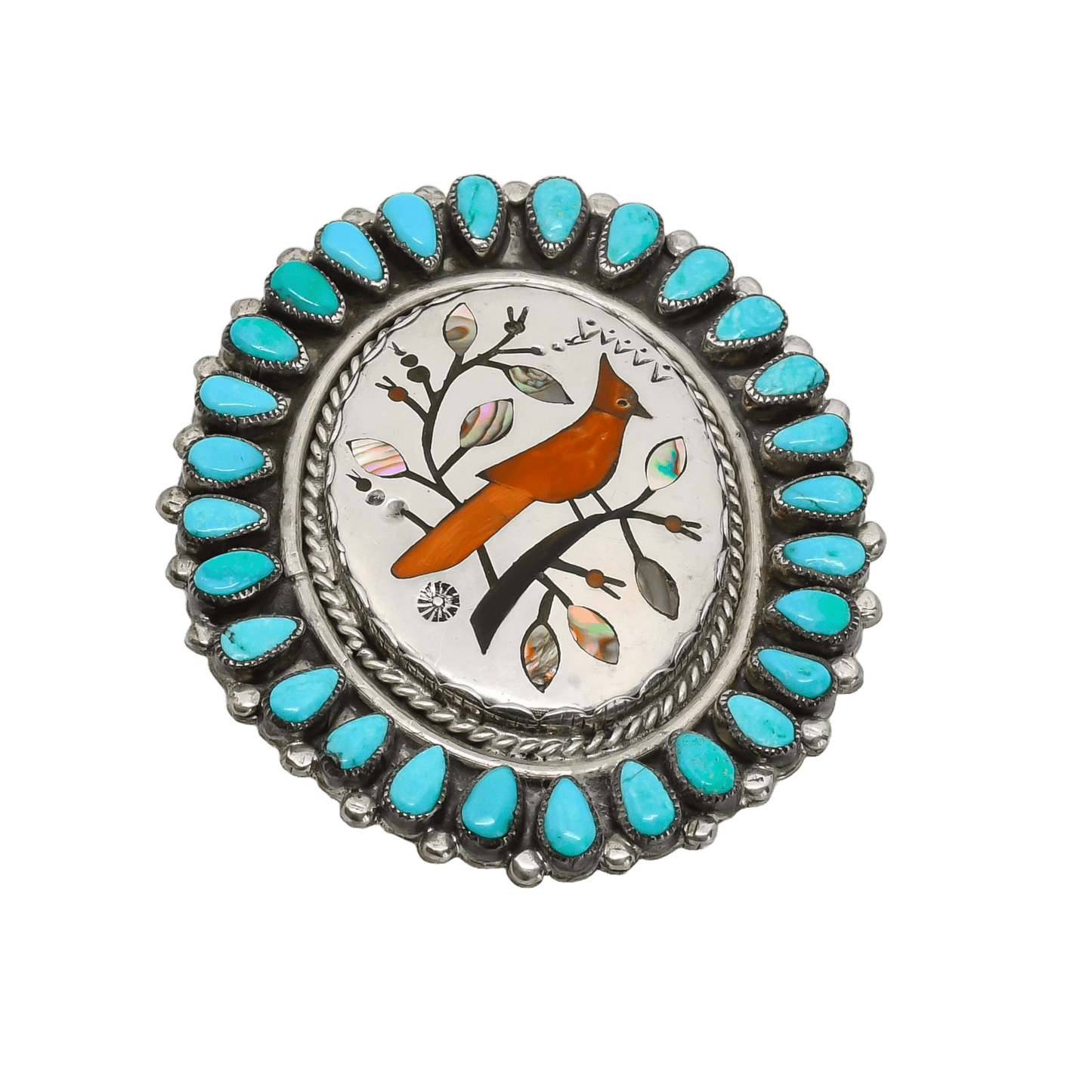 Vintage Navajo Pin Pendant of Inlay Cardinal In Turquoise By Leo Harvey - Turquoise & Tufa