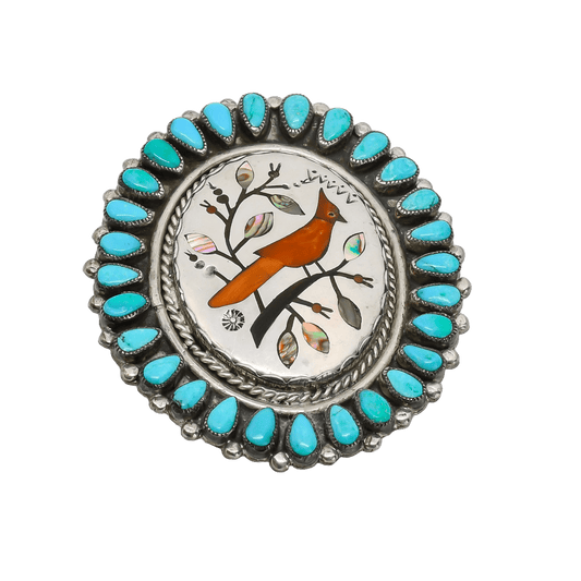 Vintage Navajo Pin Pendant of Inlay Cardinal In Turquoise By Leo Harvey - Turquoise & Tufa