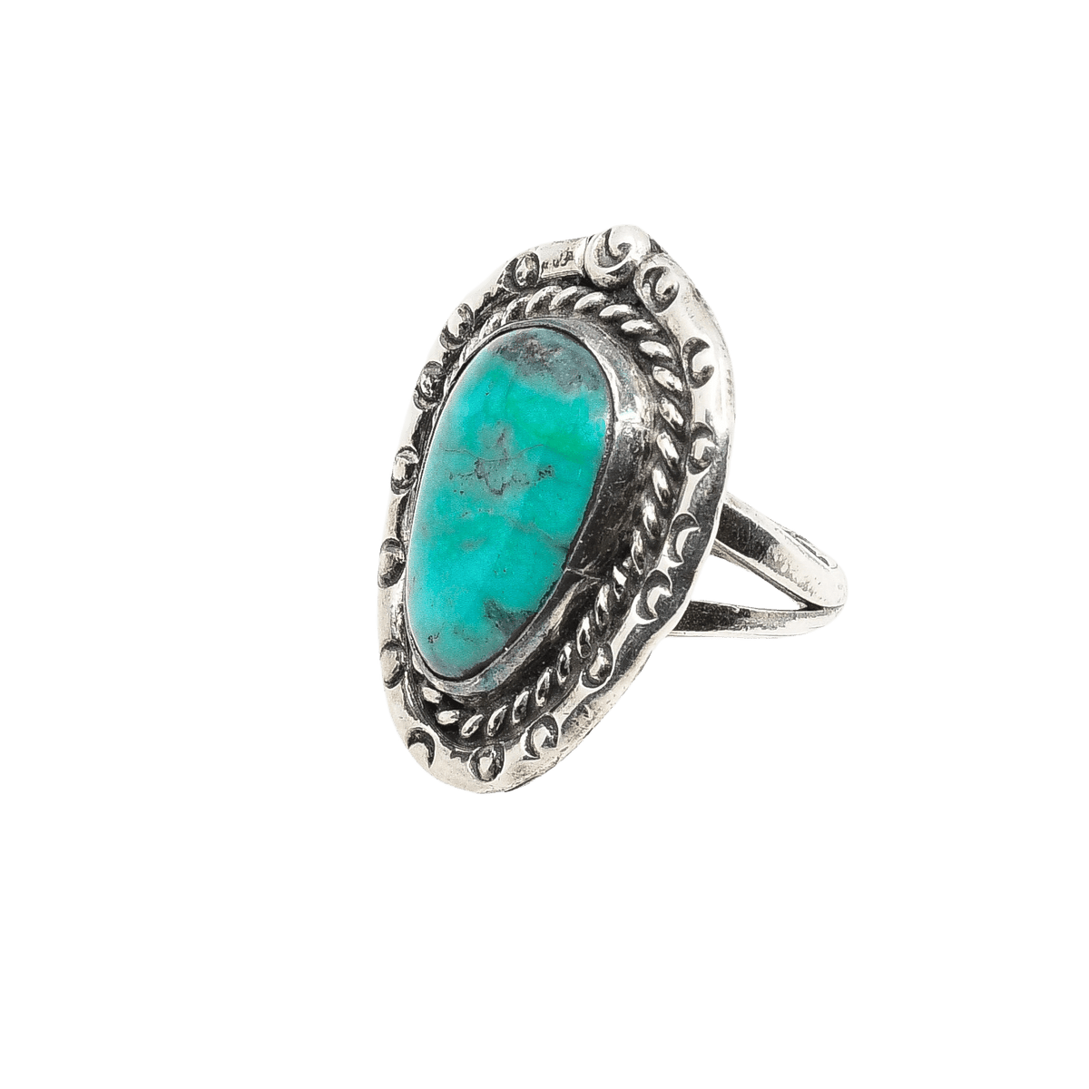 Vintage Navajo Ring With Greenish Turquoise Stone - Turquoise & Tufa