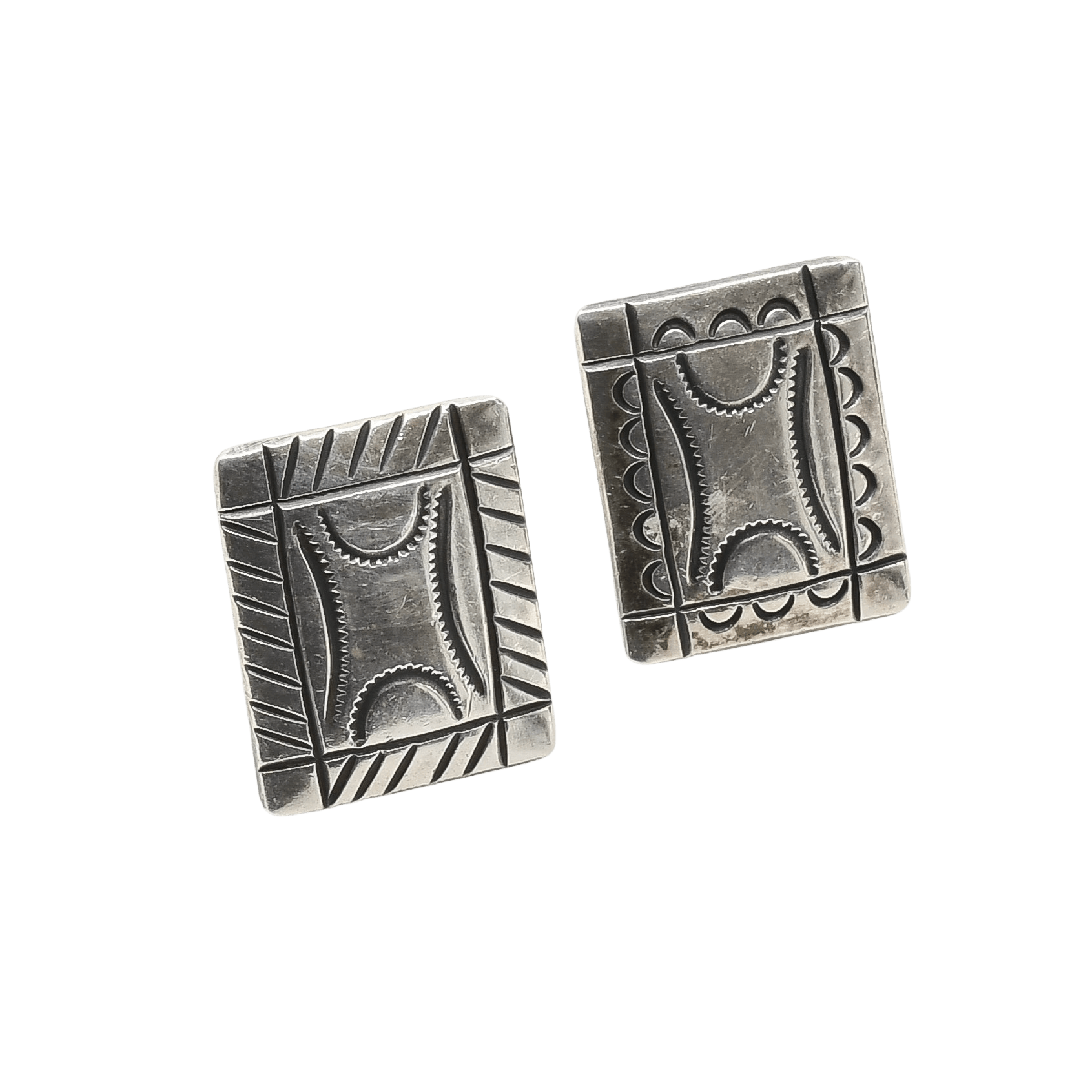 Vintage Navajo Silver Cufflinks of Stamped Silver - Turquoise & Tufa