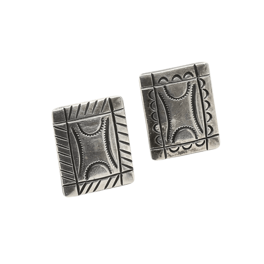 Vintage Navajo Silver Cufflinks of Stamped Silver - Turquoise & Tufa