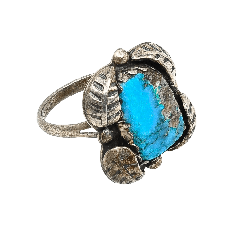 Vintage Navajo Silver Ring With Single Turquoise Stone and Leaf Work - Turquoise & Tufa
