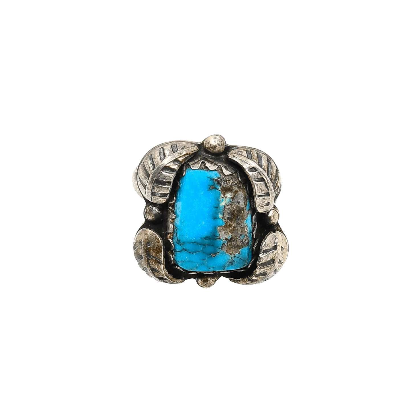 Vintage Navajo Silver Ring With Single Turquoise Stone and Leaf Work - Turquoise & Tufa