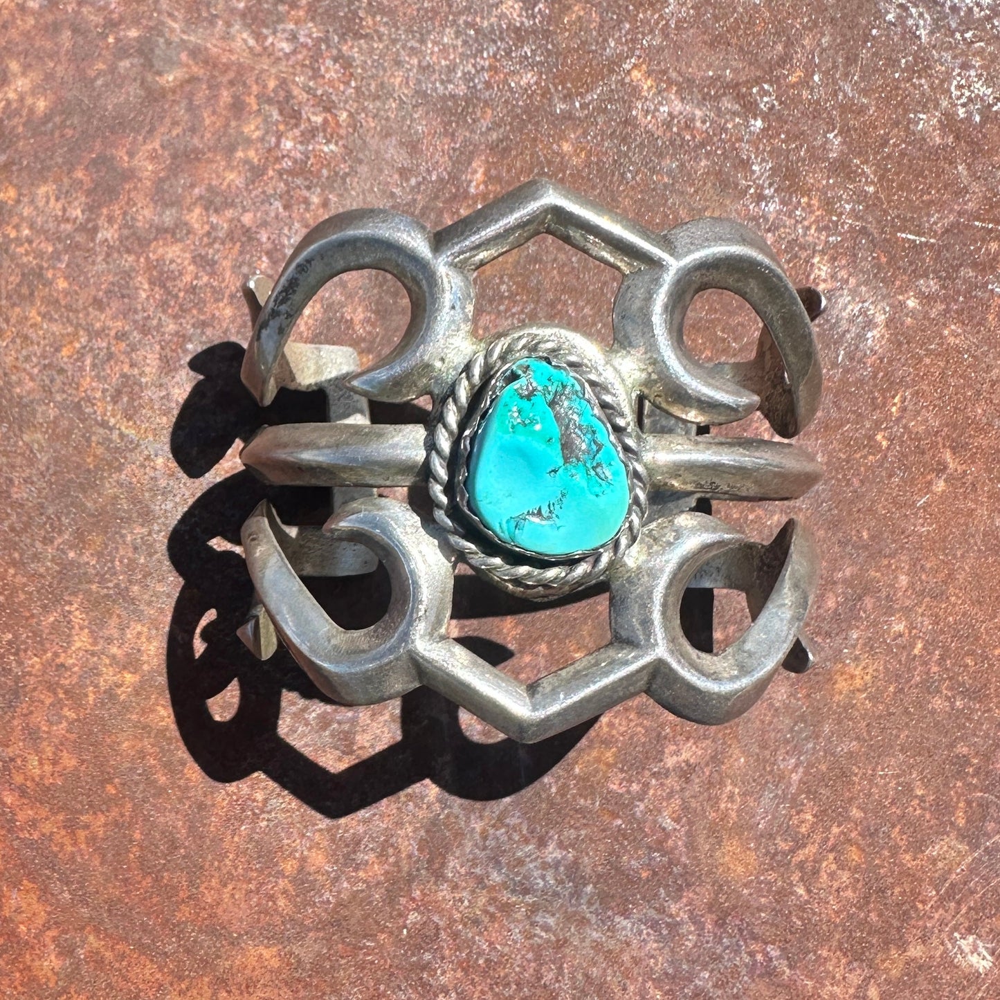 Vintage Navajo Silver Sand Cast Bracelet With Turquoise Stone - Turquoise & Tufa