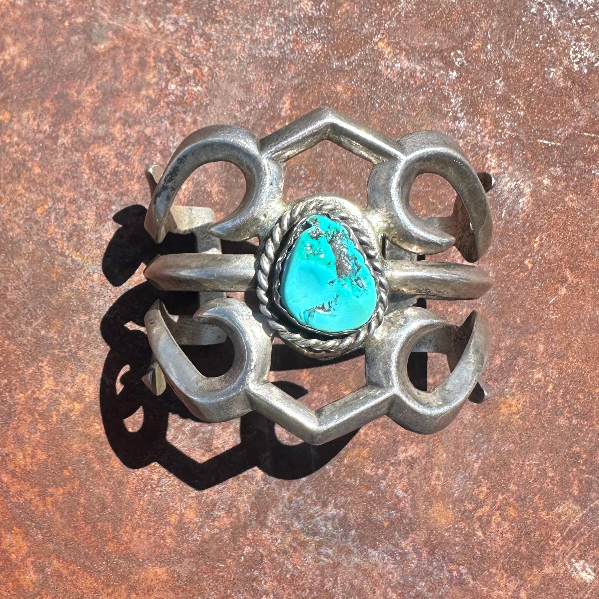 Vintage Navajo Silver Sand Cast Bracelet With Turquoise Stone - Turquoise & Tufa