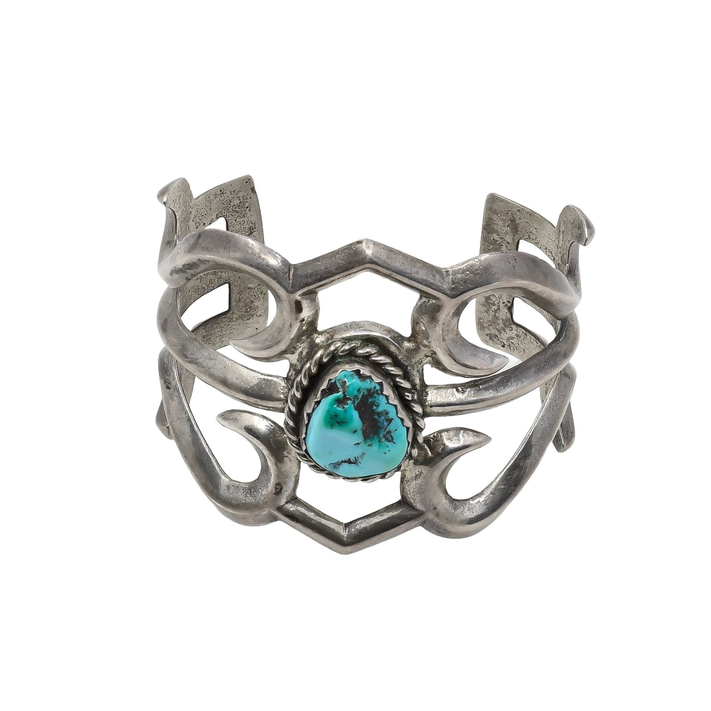 Vintage Navajo Silver Sand Cast Bracelet With Turquoise Stone - Turquoise & Tufa