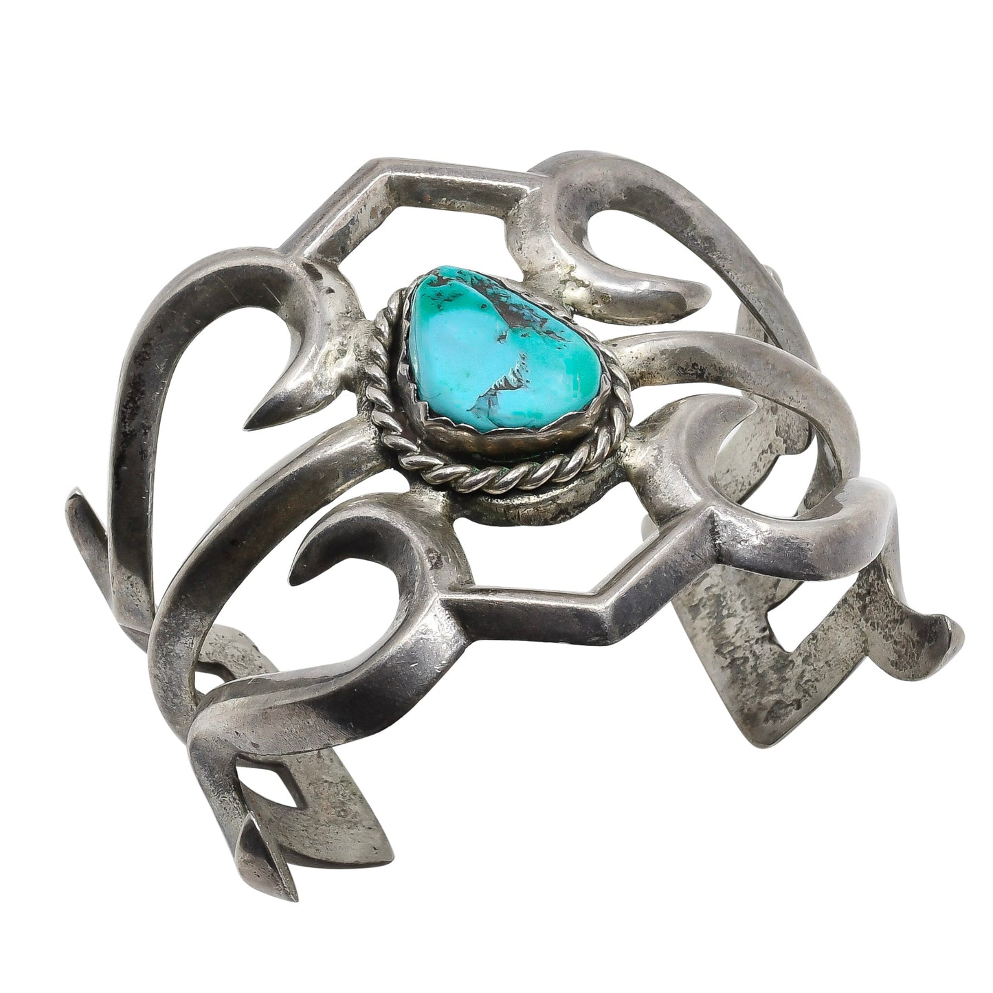 Vintage Navajo Silver Sand Cast Bracelet With Turquoise Stone - Turquoise & Tufa