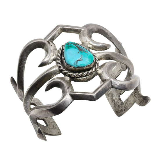 Vintage Navajo Silver Sand Cast Bracelet With Turquoise Stone - Turquoise & Tufa