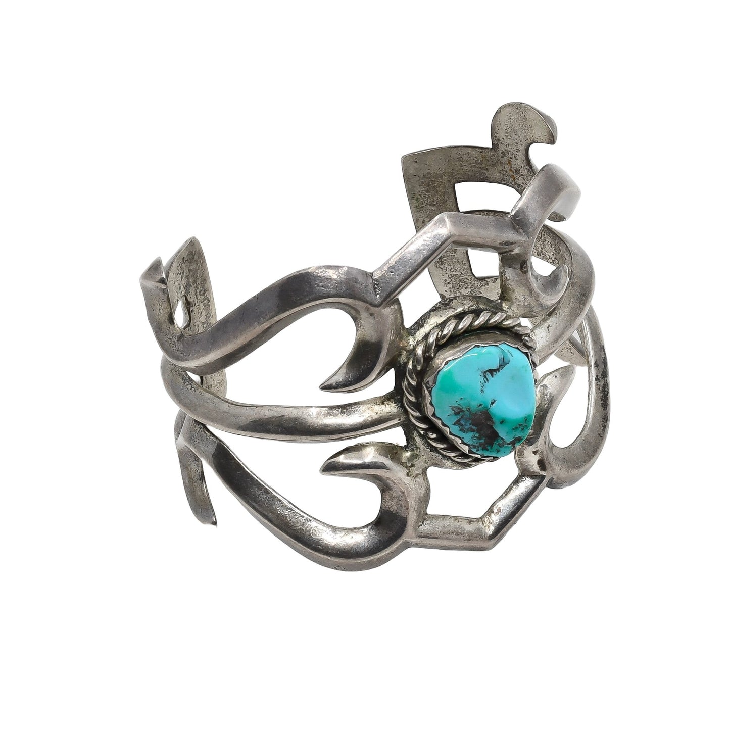 Vintage Navajo Silver Sand Cast Bracelet With Turquoise Stone - Turquoise & Tufa