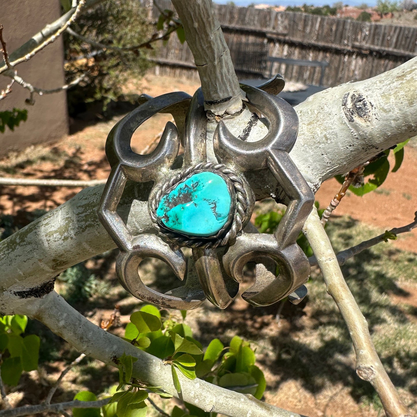 Vintage Navajo Silver Sand Cast Bracelet With Turquoise Stone - Turquoise & Tufa