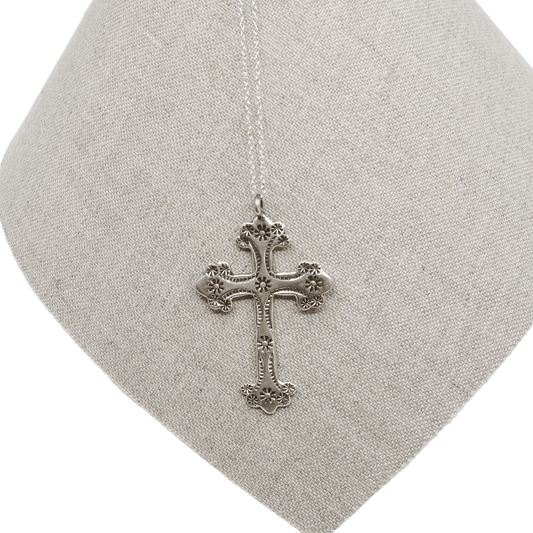 Vintage Navajo Silver Stamped Cross Pendant - Turquoise & Tufa
