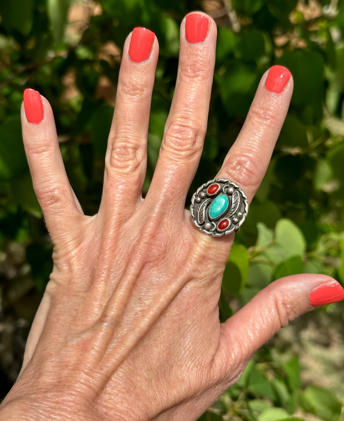 Vintage Navajo Turquoise and Coral Ring With Leaf Work - Turquoise & Tufa