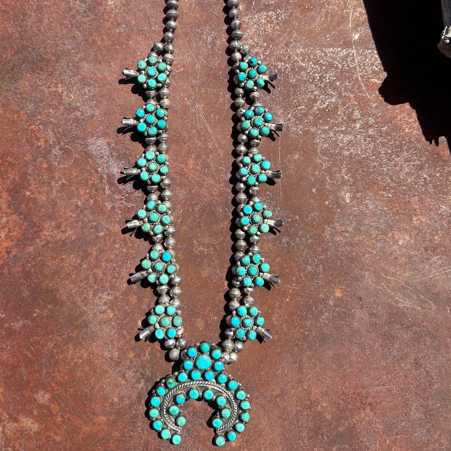 Vintage Navajo Turquoise Cluster Squash Blossom Necklace - Turquoise & Tufa