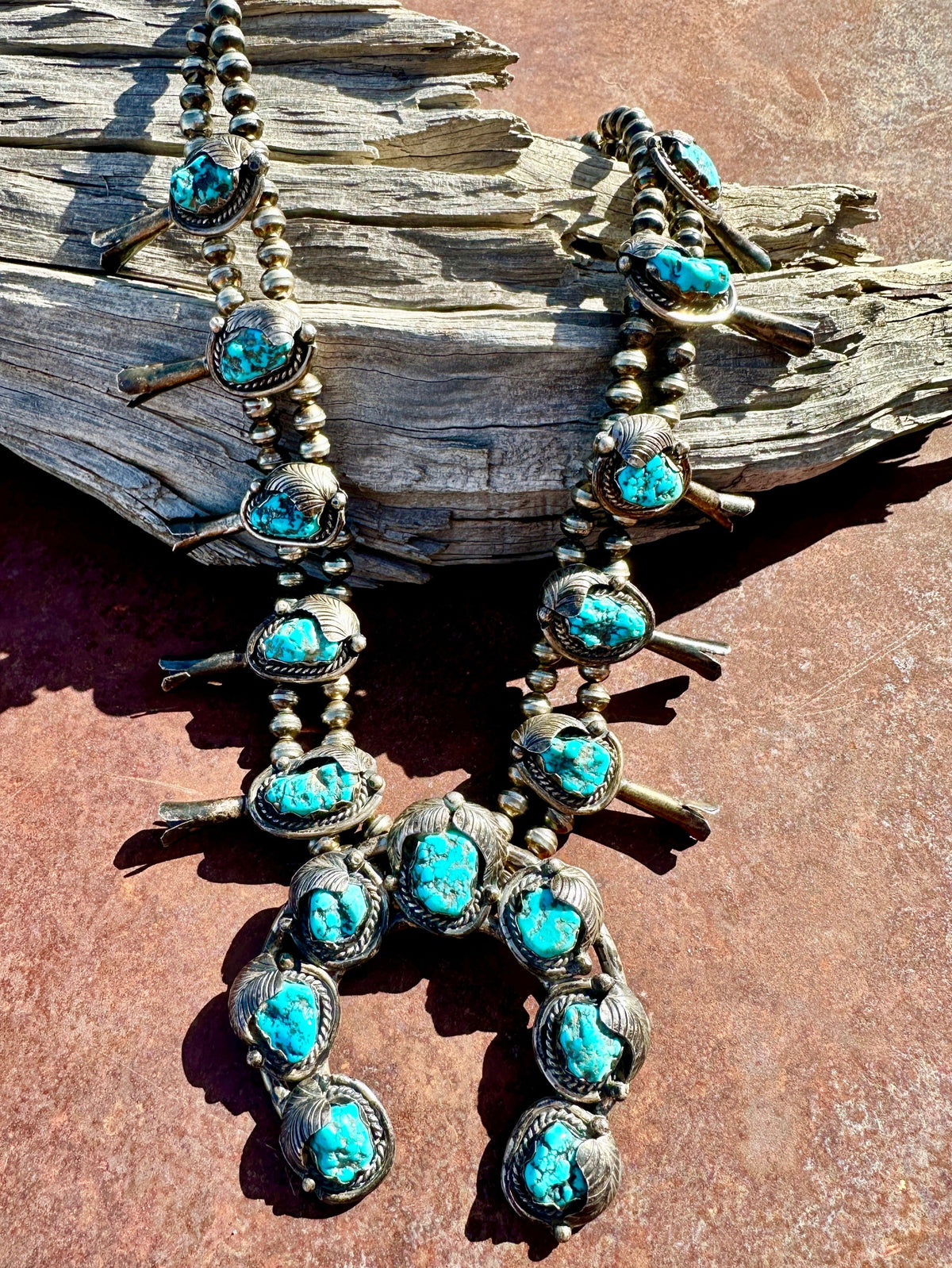 Vintage Navajo Turquoise Nugget Squash Blossom Necklace - Turquoise & Tufa