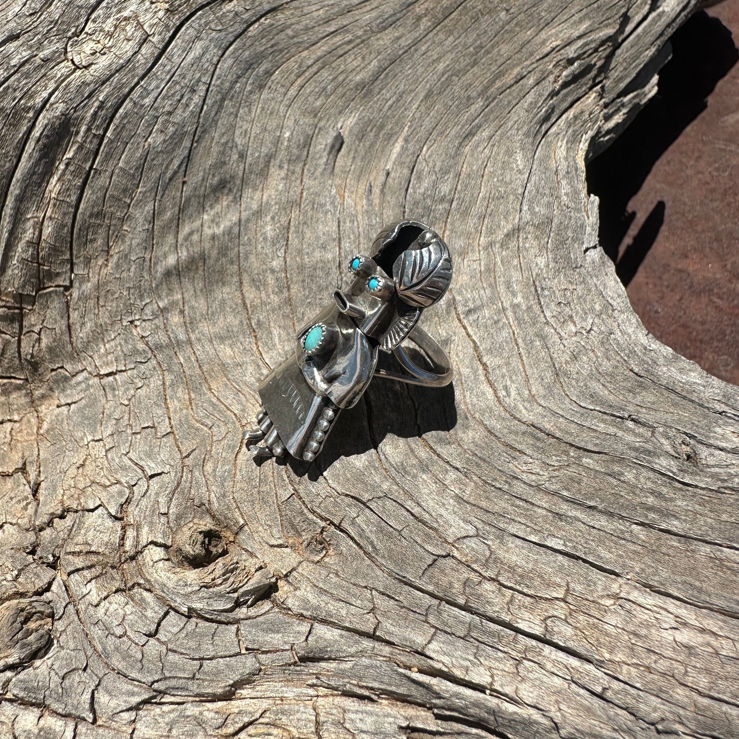 Vintage Orville Manygoats Figural Ring of Katsina - Turquoise & Tufa