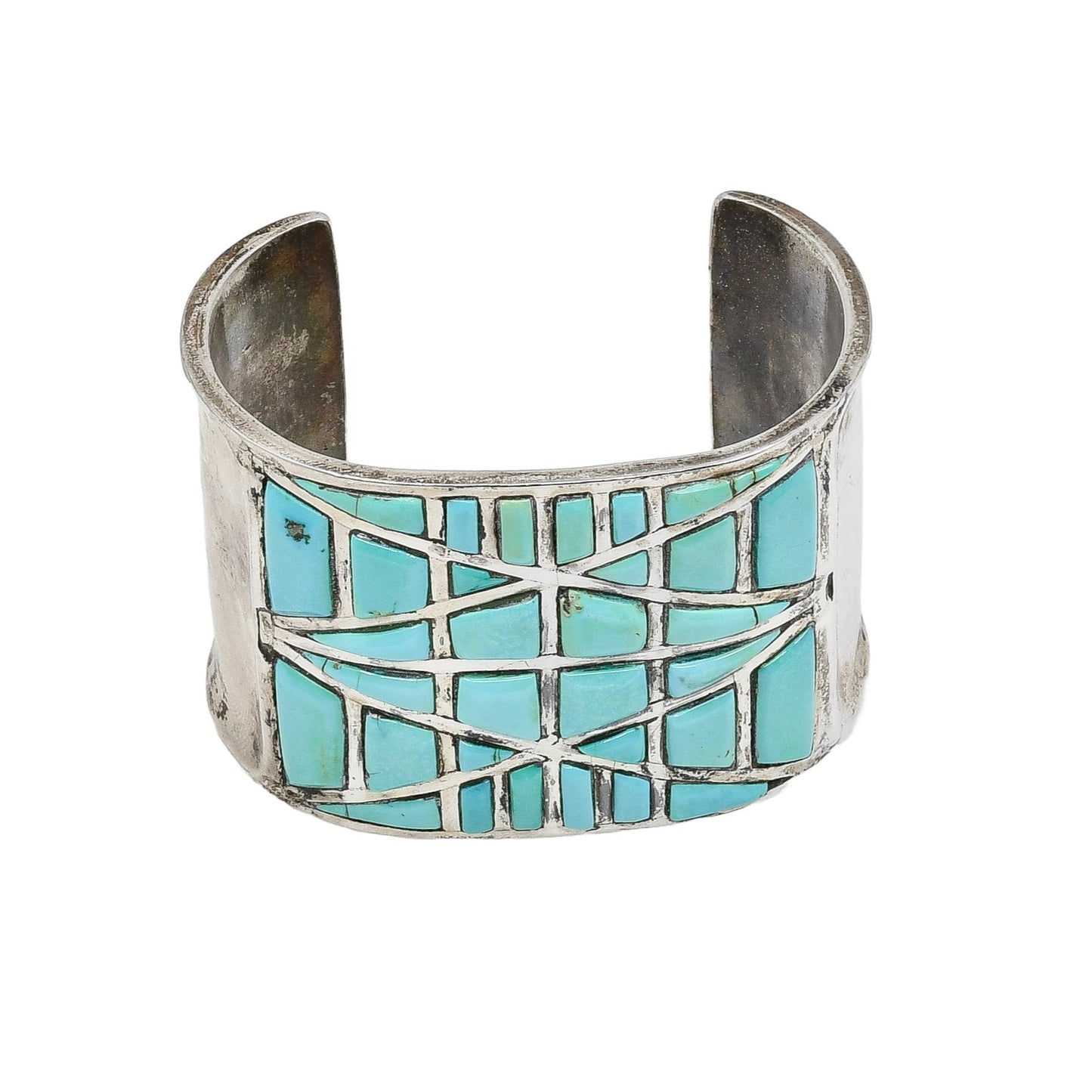 Vintage Pueblo Bracelet of Raised Geometric Turquoise Inlay - Turquoise & Tufa