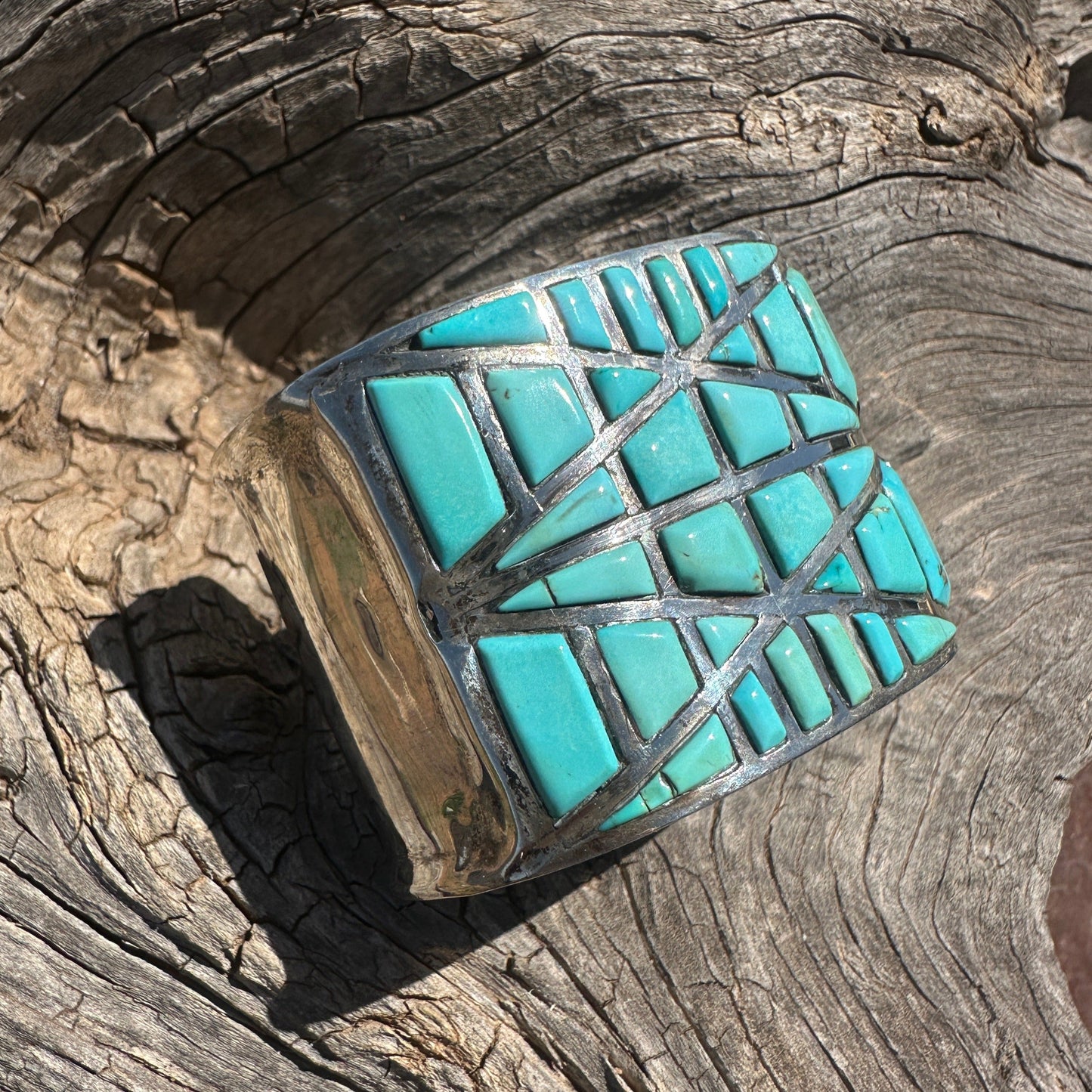 Vintage Pueblo Bracelet of Raised Geometric Turquoise Inlay - Turquoise & Tufa
