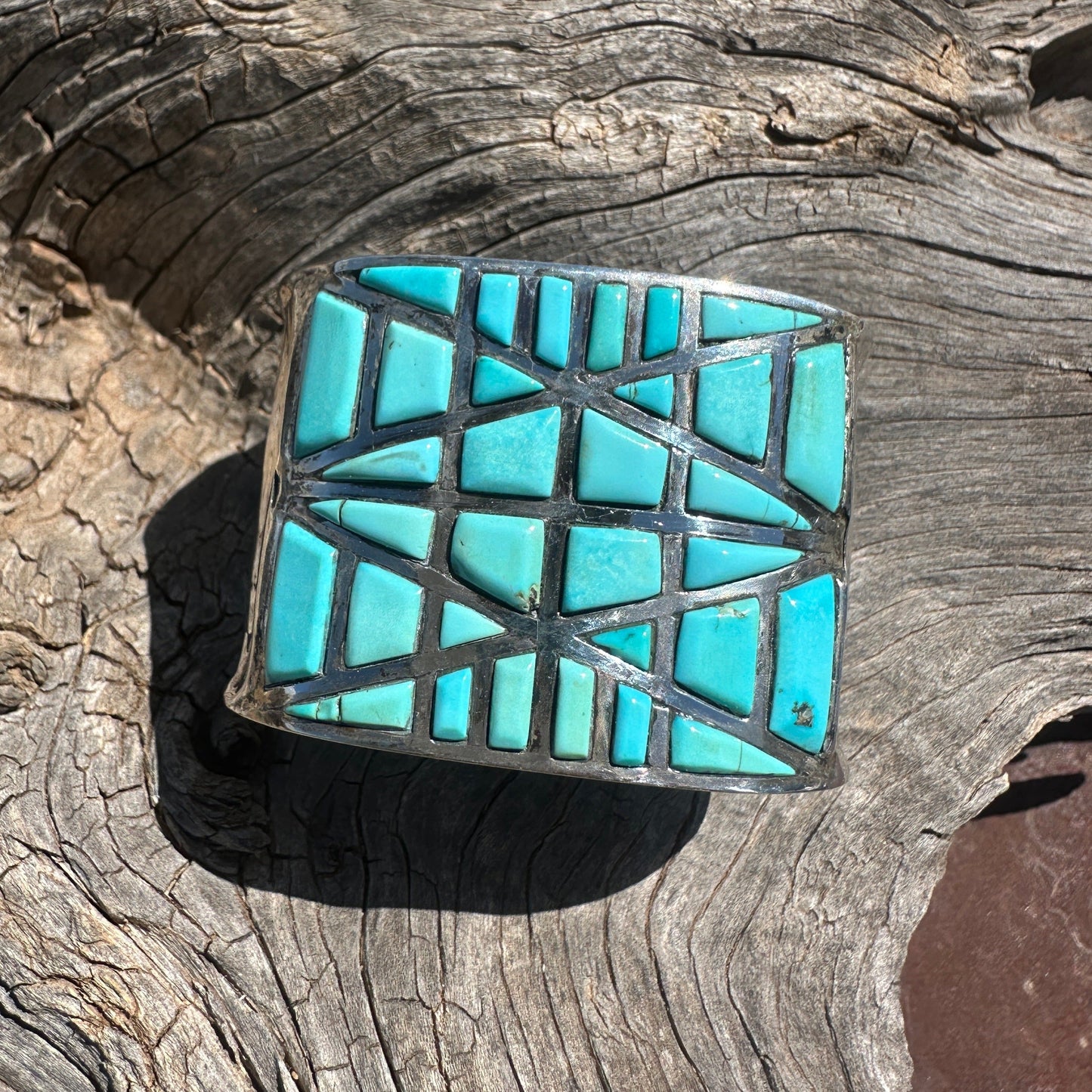 Vintage Pueblo Bracelet of Raised Geometric Turquoise Inlay - Turquoise & Tufa