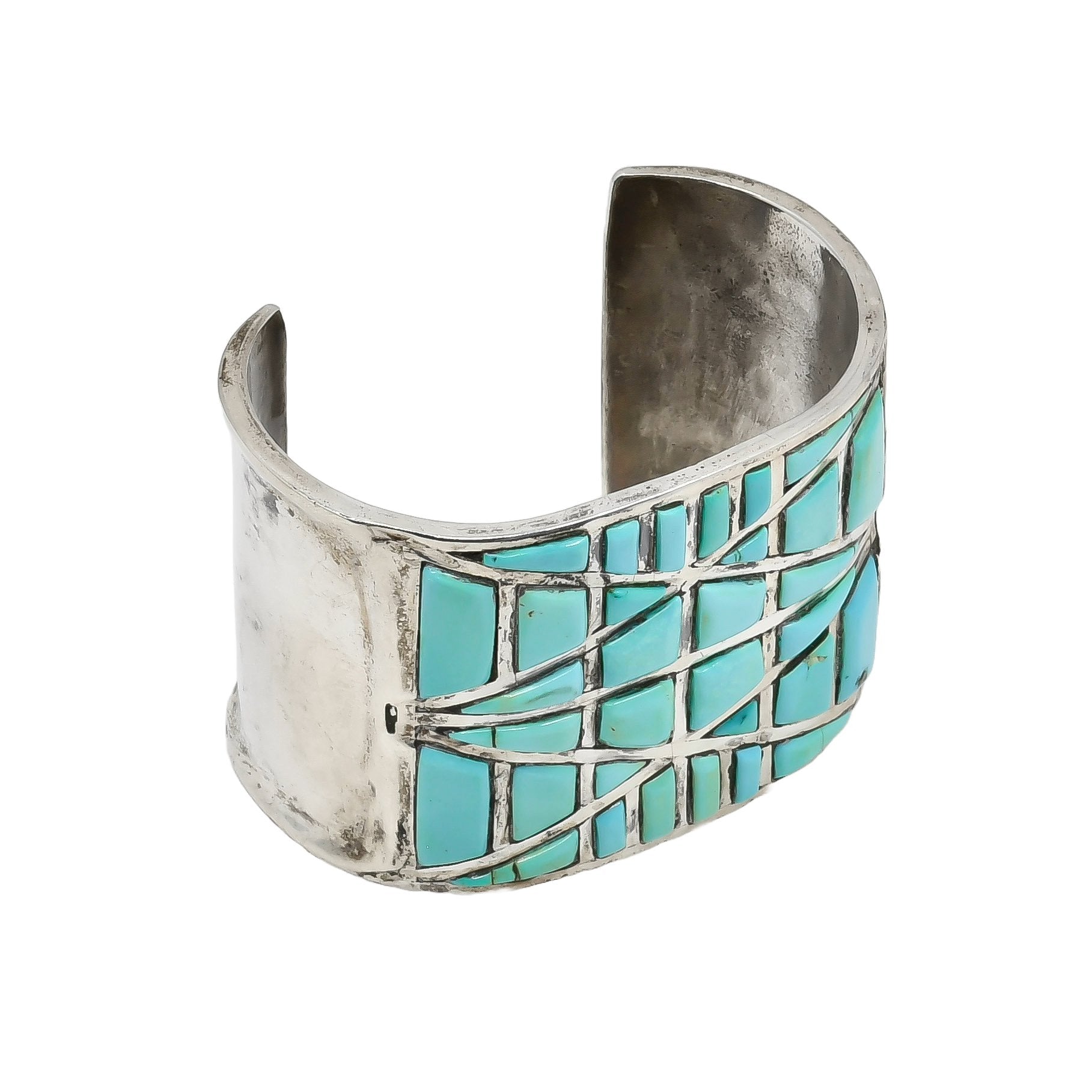Vintage Pueblo Bracelet of Raised Geometric Turquoise Inlay - Turquoise & Tufa