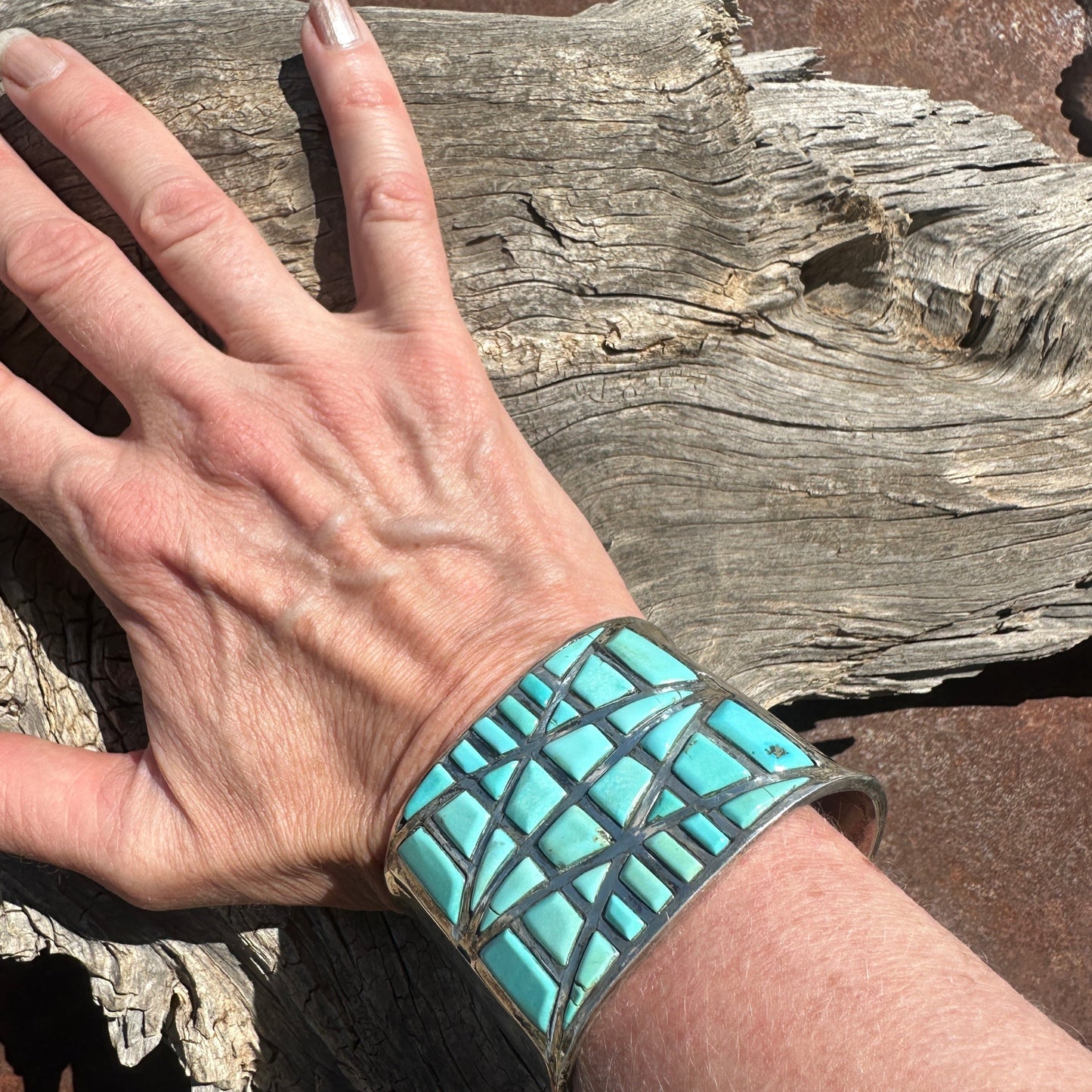 Vintage Pueblo Bracelet of Raised Geometric Turquoise Inlay - Turquoise & Tufa