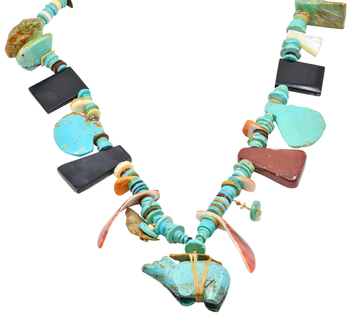 Vintage Pueblo Treasure Necklace With Turquoise Fetish and Inlay - Turquoise & Tufa