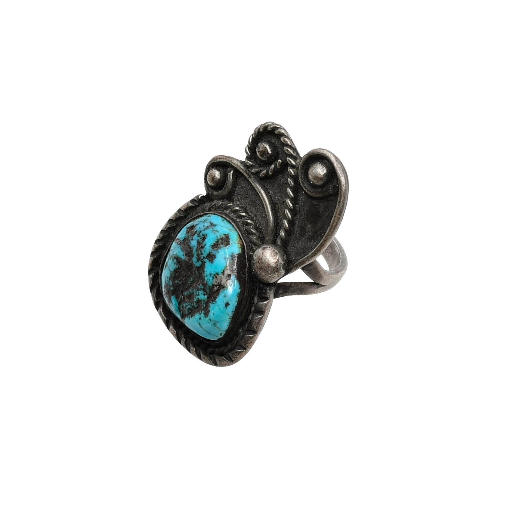 Vintage Turquoise and Nugget Ring With Silver Wire Work - Turquoise & Tufa