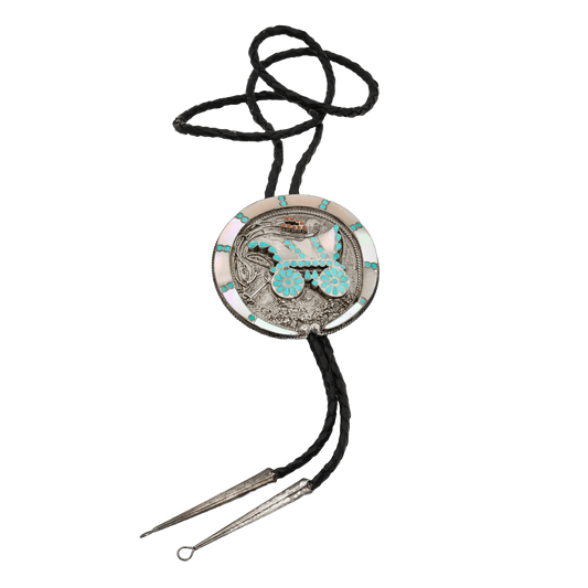 Vintage Zuni Inlay Bolo of A Covered Wagon by Vincent And Marvina Dishta - Turquoise & Tufa