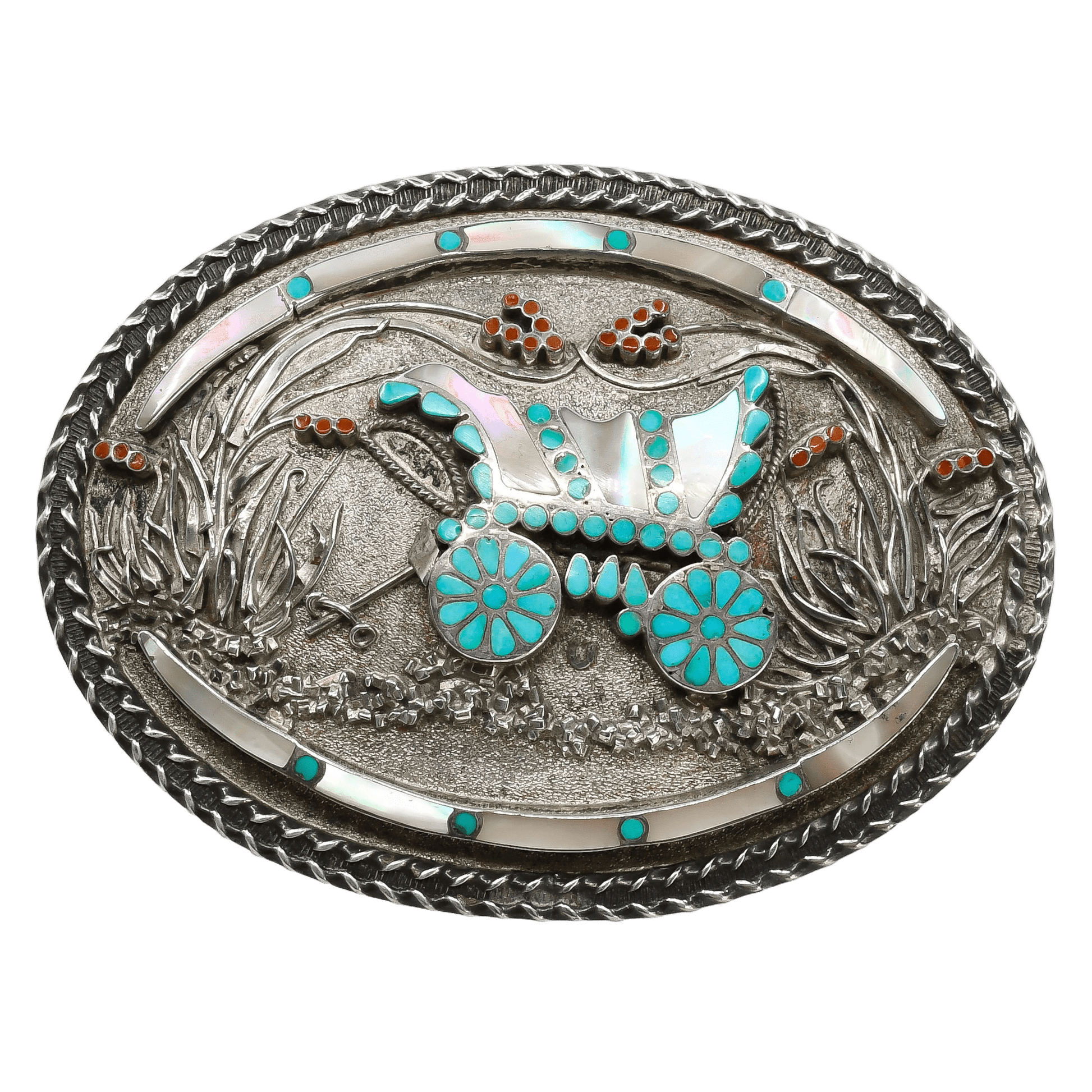 Vintage Zuni Inlay Buckle of A Covered Wagon by Vincent and Marvina Dishta - Turquoise & Tufa