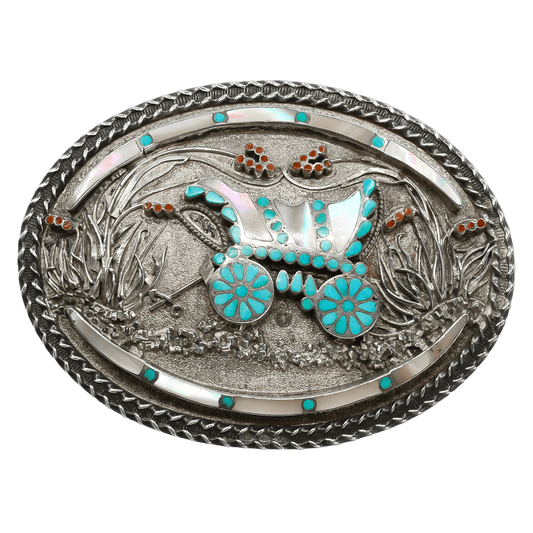 Vintage Zuni Inlay Buckle of A Covered Wagon by Vincent and Marvina Dishta - Turquoise & Tufa