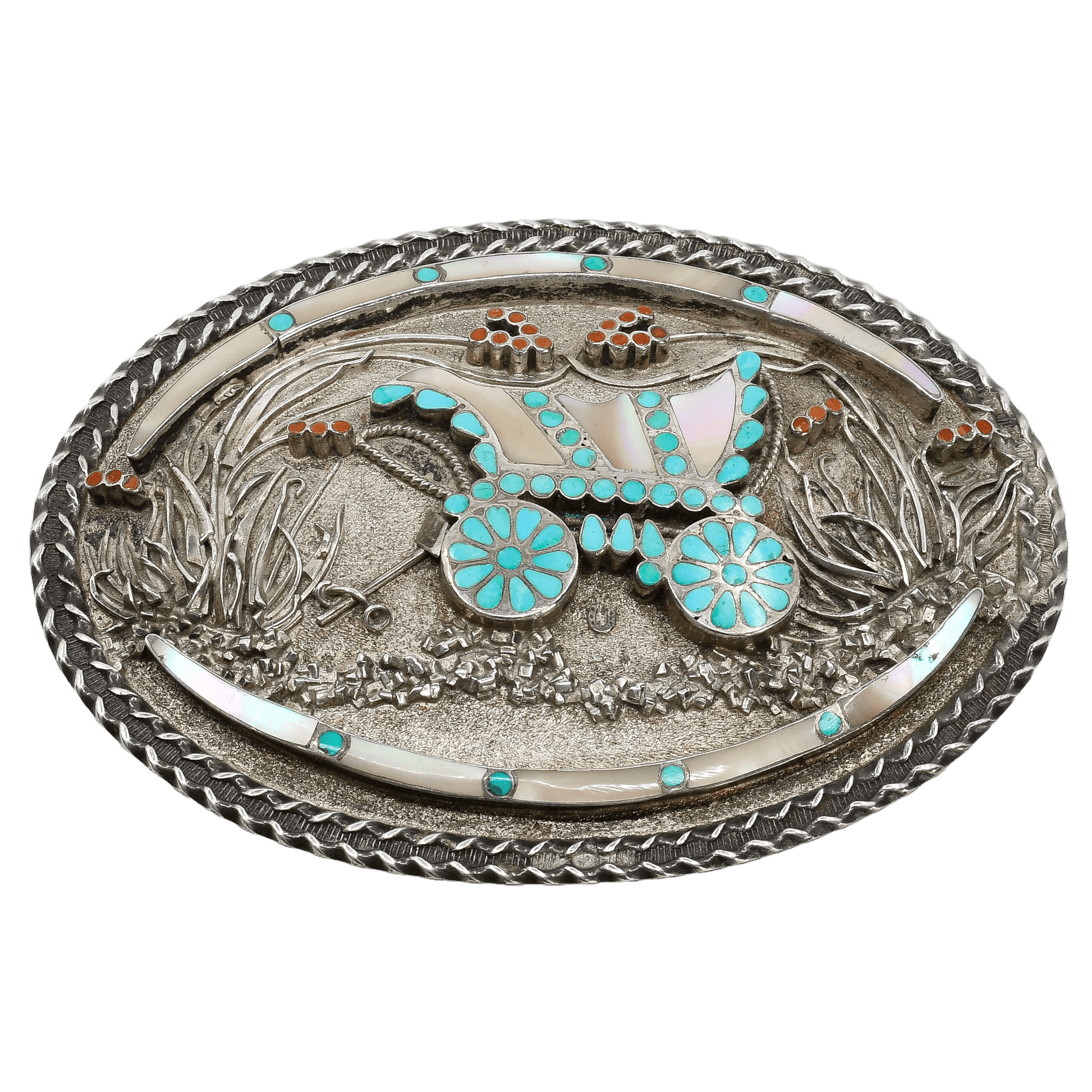 Vintage Zuni Inlay Buckle of A Covered Wagon by Vincent and Marvina Dishta - Turquoise & Tufa