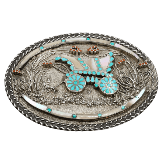 Vintage Zuni Inlay Buckle of A Covered Wagon by Vincent and Marvina Dishta - Turquoise & Tufa