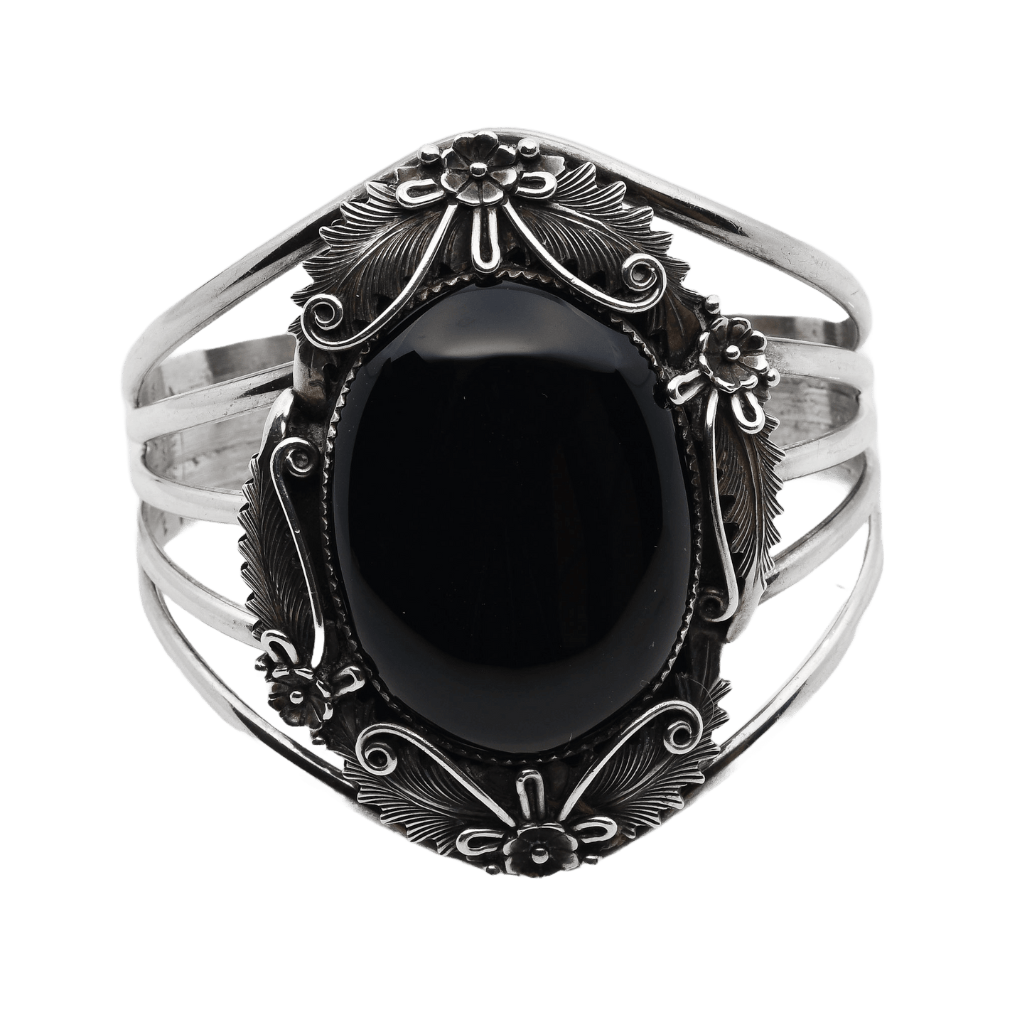 Wide Navajo Silver Strand Bracelet With Large Onyx Stone By Peterson Johnson - Turquoise & Tufa