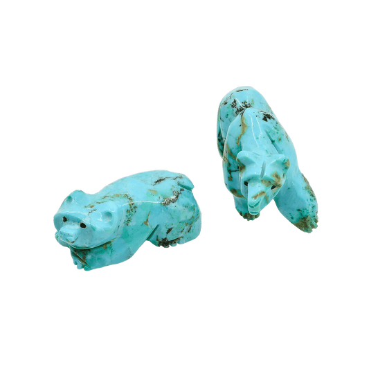 Zuni Fetish Carving Set of Turquoise Grizzly Bears Mama and Cub - Turquoise & Tufa