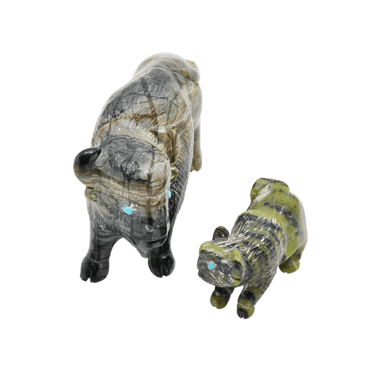 Zuni Fetish Set Of Bison Fetish Carvings Father and Son - Turquoise & Tufa