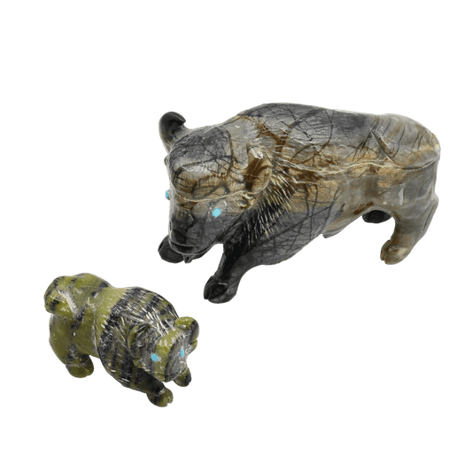 Zuni Fetish Set Of Bison Fetish Carvings Father and Son - Turquoise & Tufa