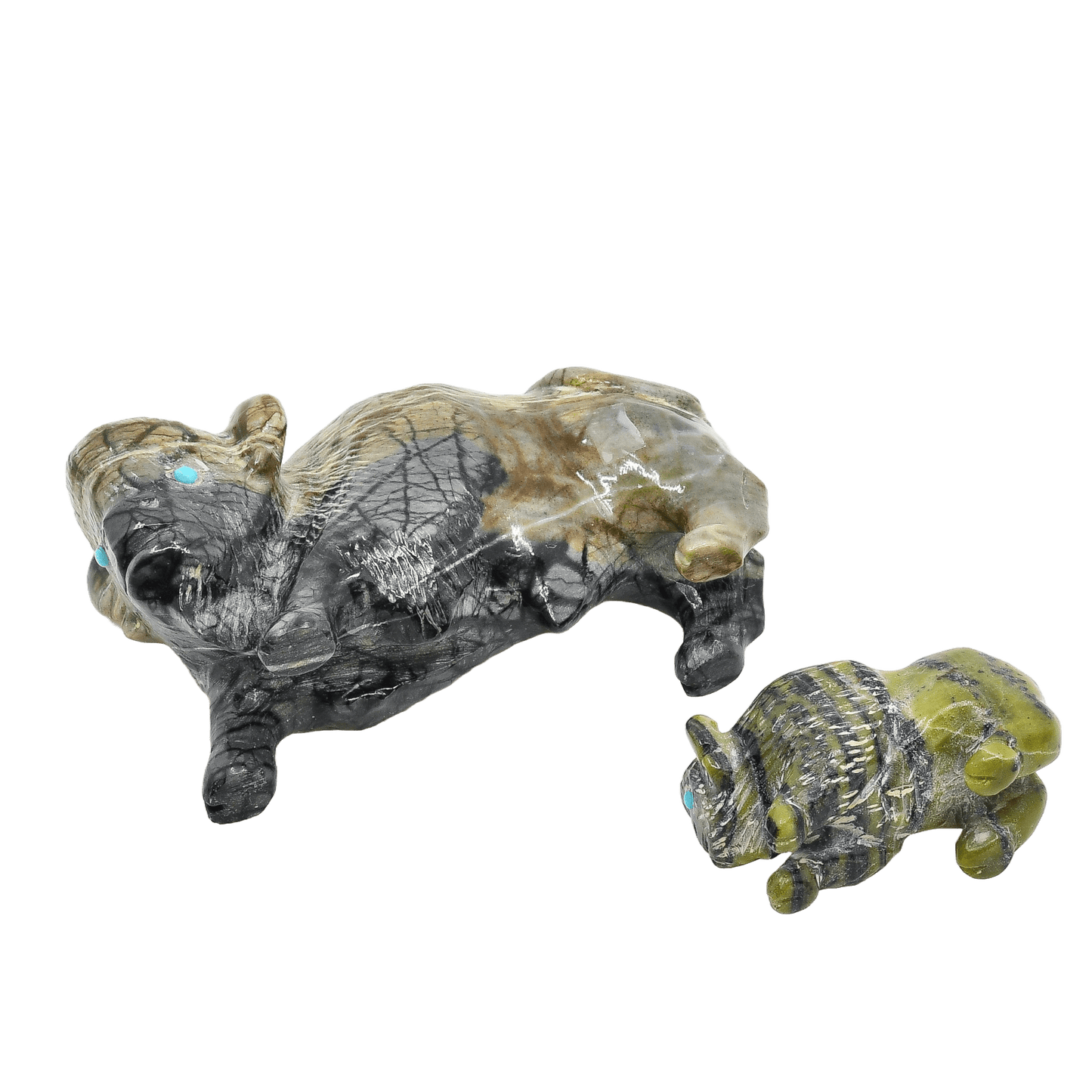 Zuni Fetish Set Of Bison Fetish Carvings Father and Son - Turquoise & Tufa