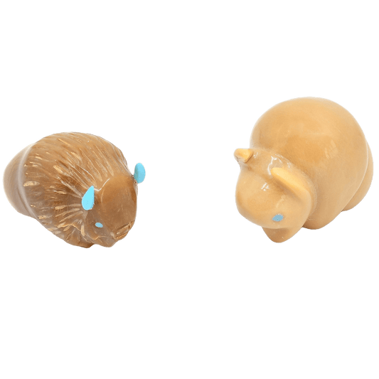 Zuni Fetish Set Of Papa and Baby Bison Fetish Carvings - Turquoise & Tufa