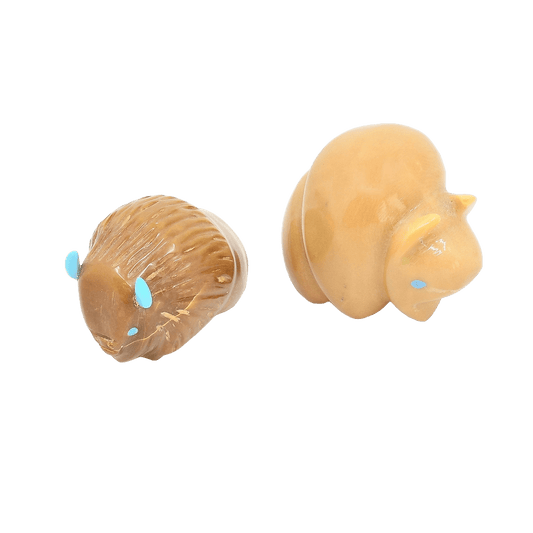 Zuni Fetish Set Of Papa and Baby Bison Fetish Carvings - Turquoise & Tufa