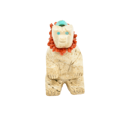 Zuni Sitting Bear Fetish Carving Grumpy Grandpa - Turquoise & Tufa