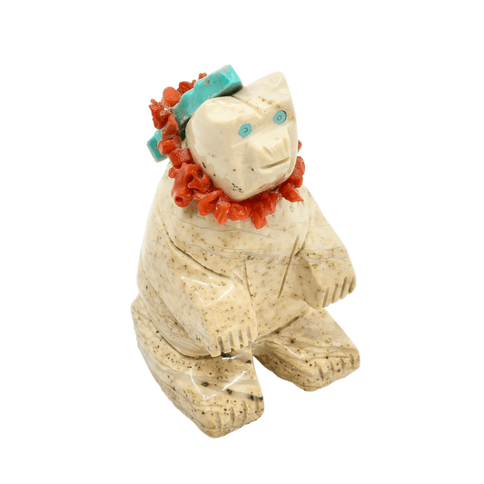 Zuni Sitting Bear Fetish Carving Grumpy Grandpa - Turquoise & Tufa