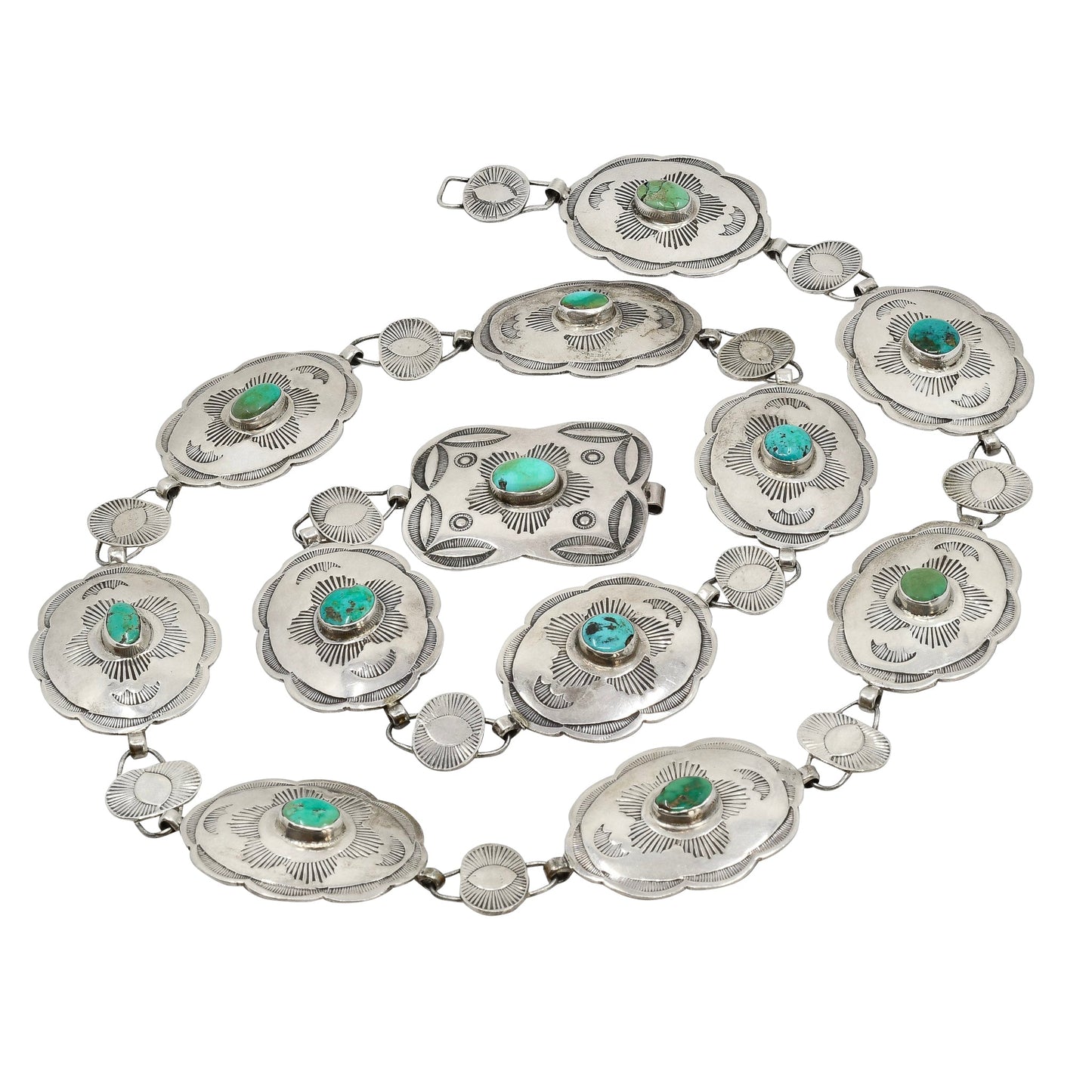1930's Navajo Silver Link Belt With Natural Turquoise - Turquoise & Tufa