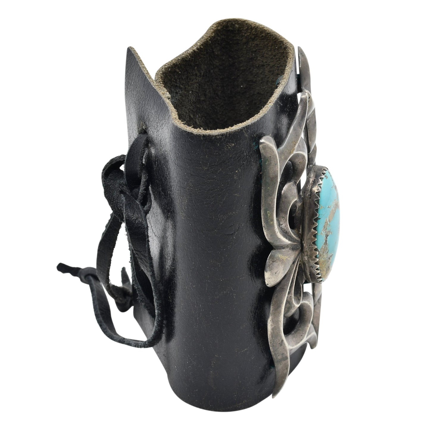 Old 1940 Navajo Sand Cast Bow Guard Or Ketoh Silver Leather and Turquoise.jpg