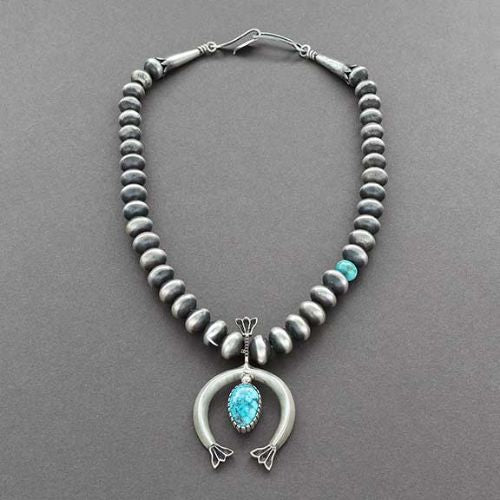 Allison Snowhawk Lee Necklace of Handmade Silver Beads & Naja - Turquoise & Tufa